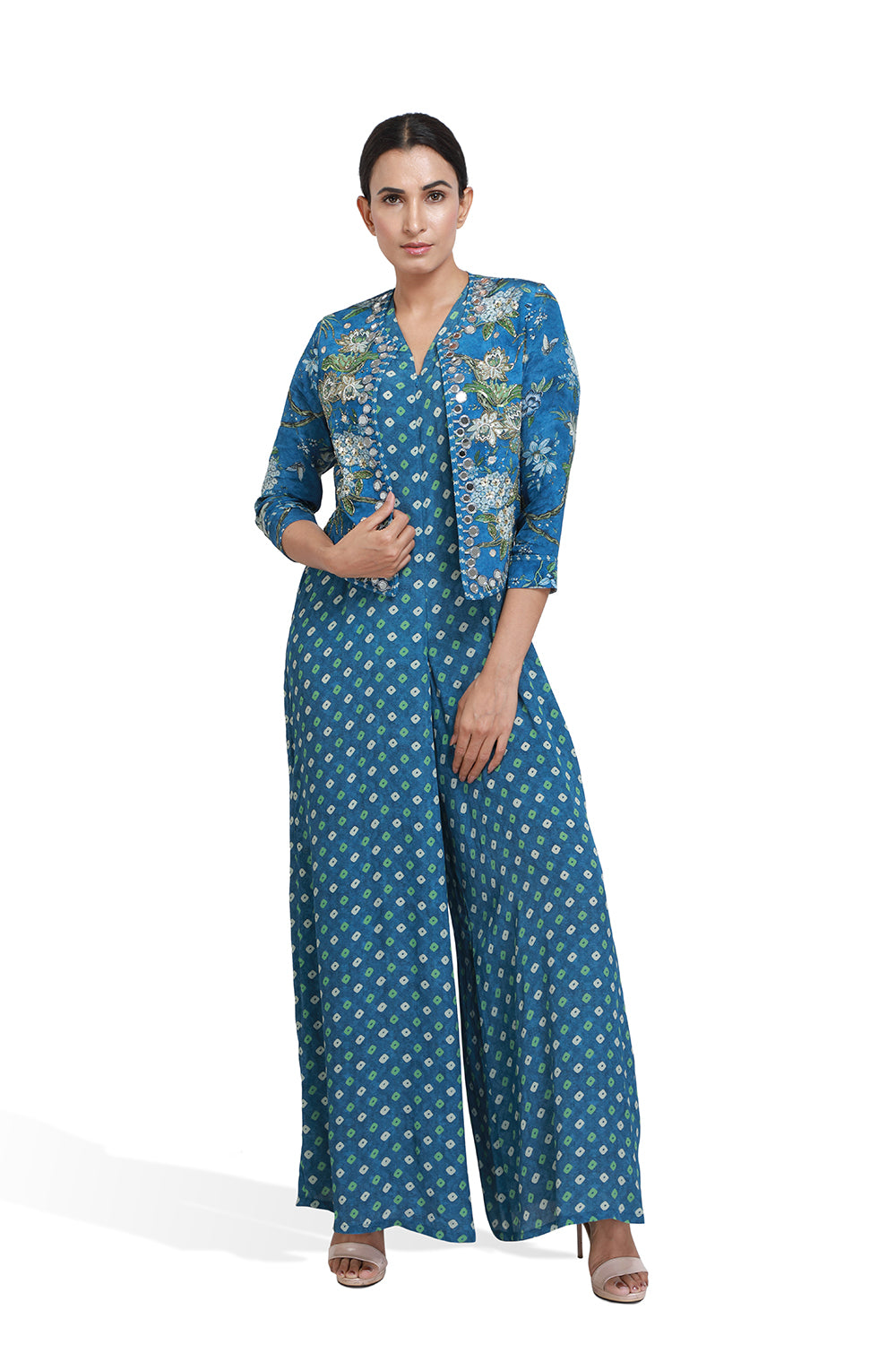 Blue Bandhini Jacket Jumpsuit - Set of 2