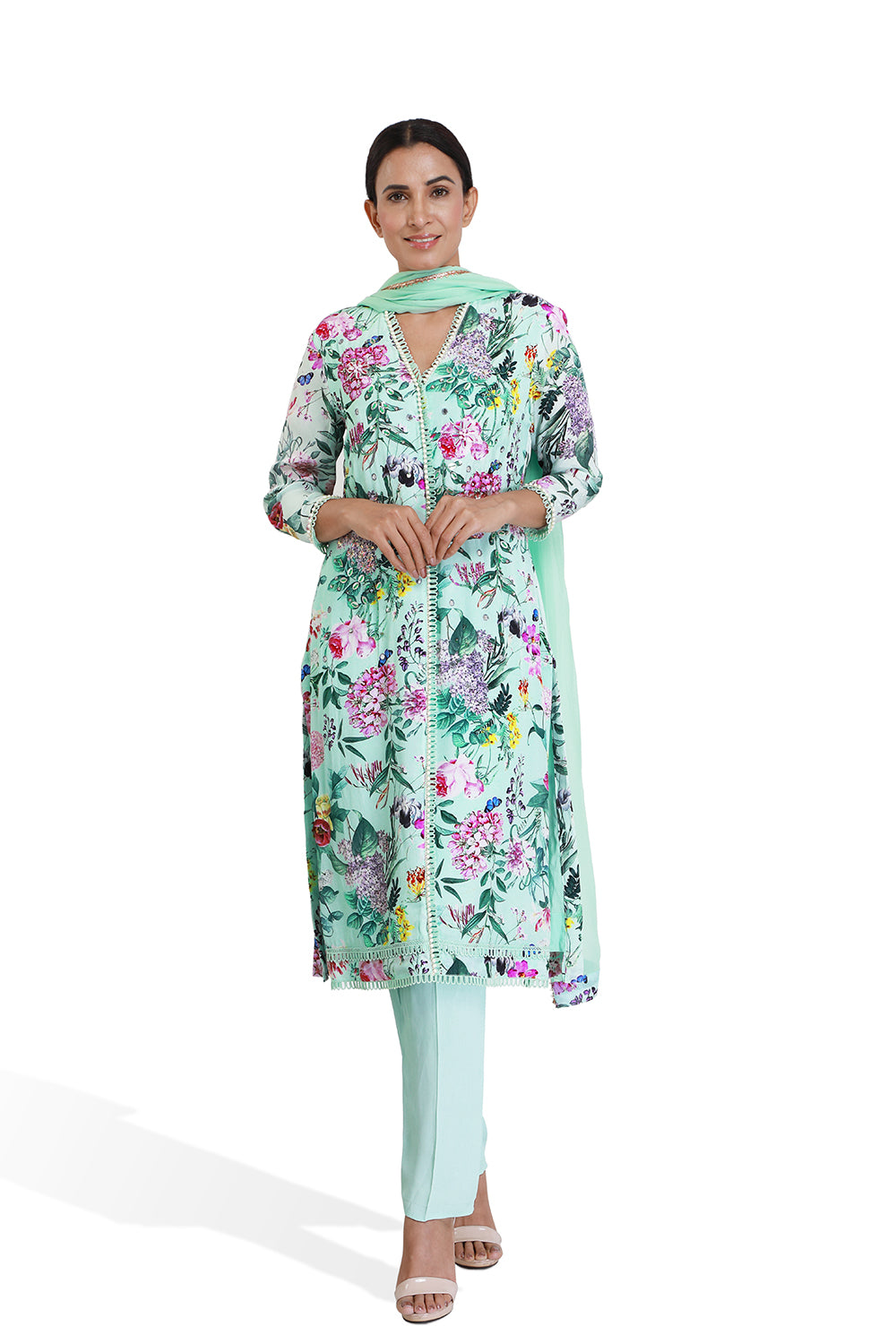 Turqoise Floral Print Long Kurta Set - Set of 2