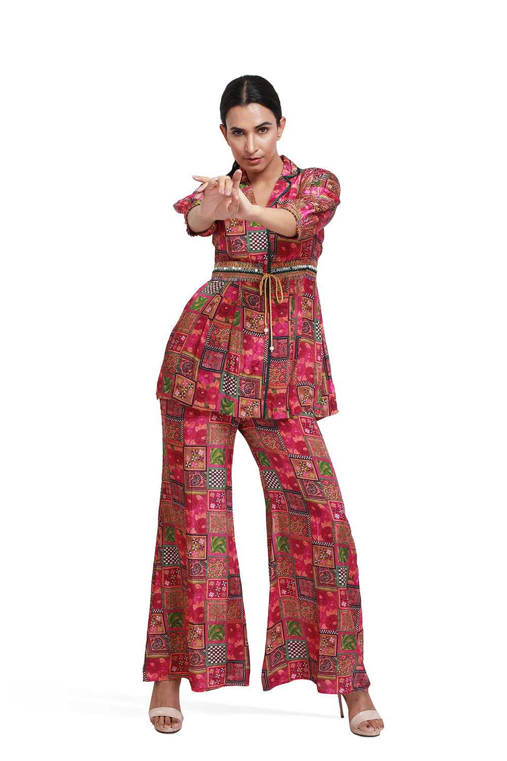 Majenta Square Print Co-ord Set With Belt - Set of 2