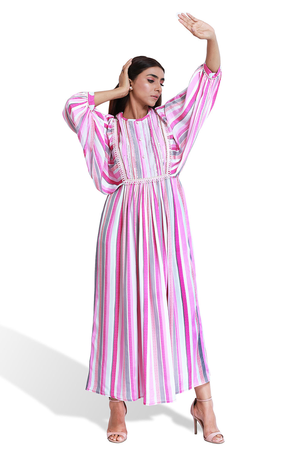 Pink Stripe Balloon Sleeve Dress