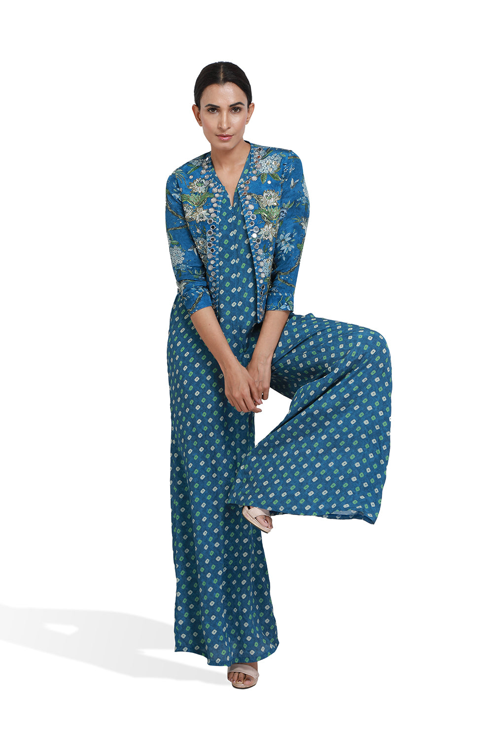 Blue Bandhini Jacket Jumpsuit - Set of 2