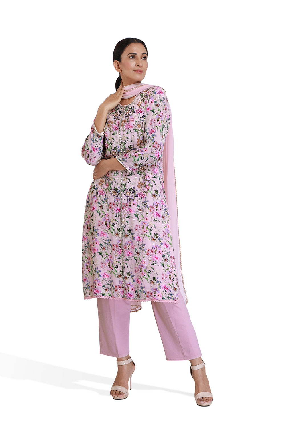 Pink Floral Print Long Kurta Set - Set of 2