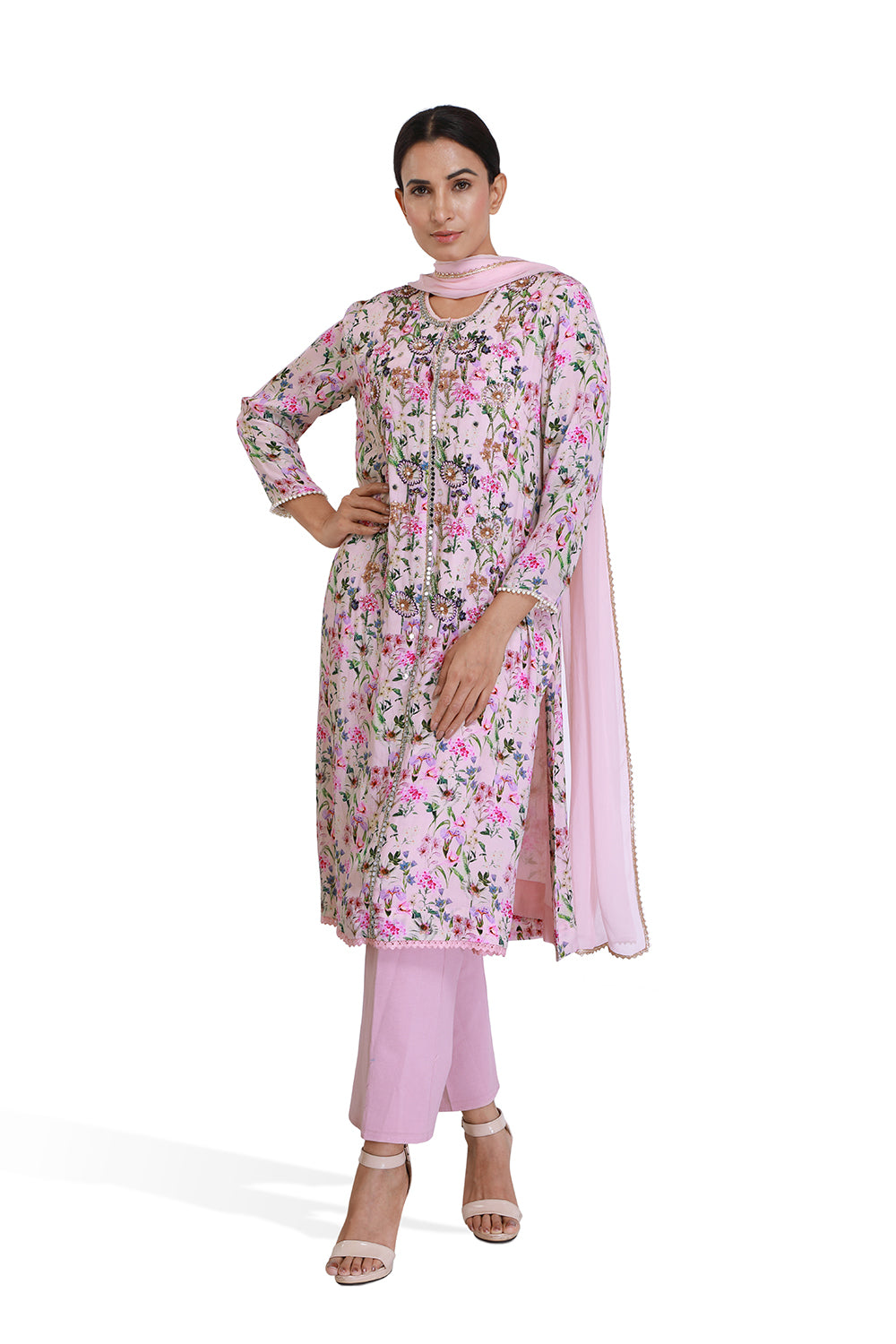 Pink Floral Print Long Kurta Set - Set of 2