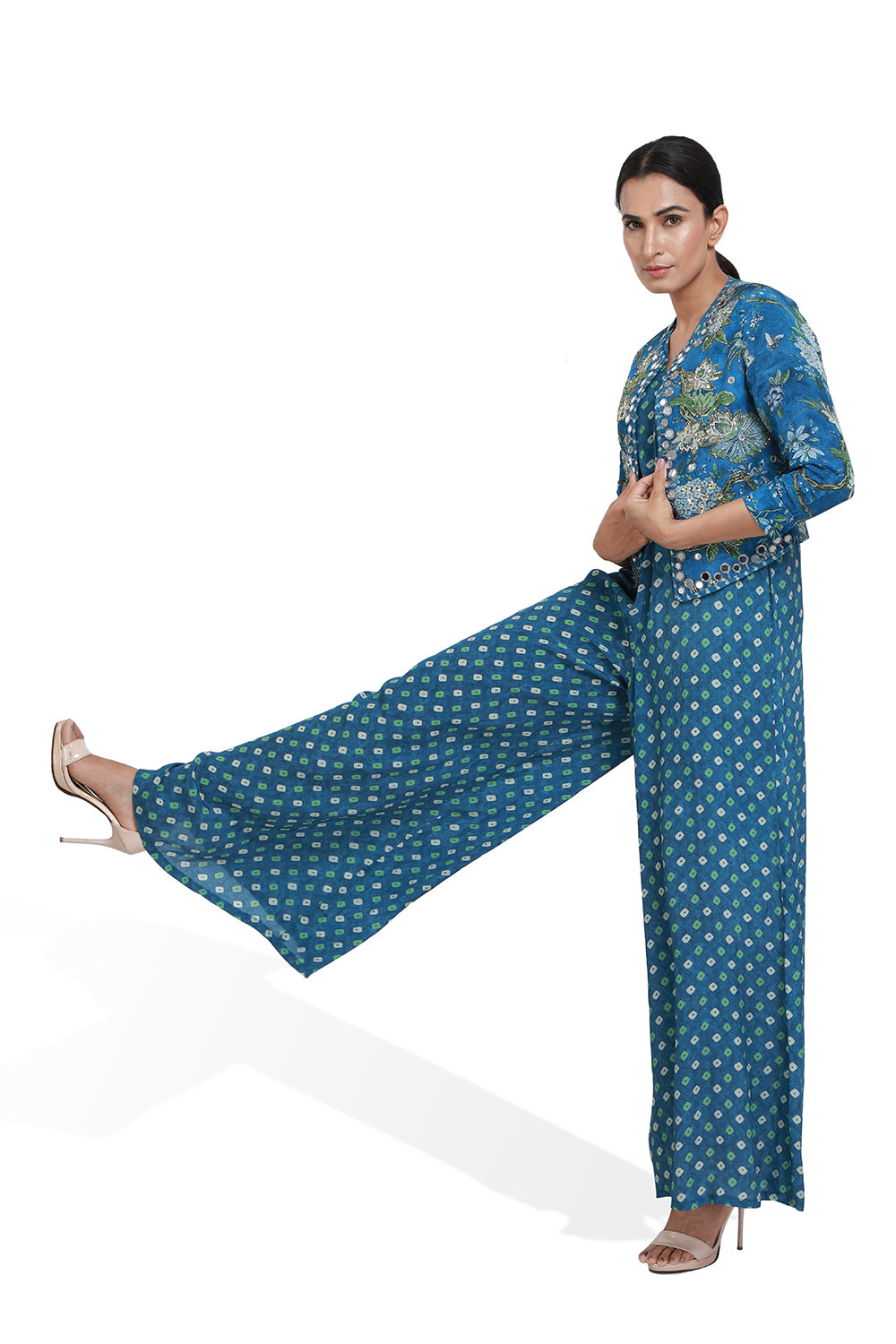 Blue Bandhini Jacket Jumpsuit - Set of 2