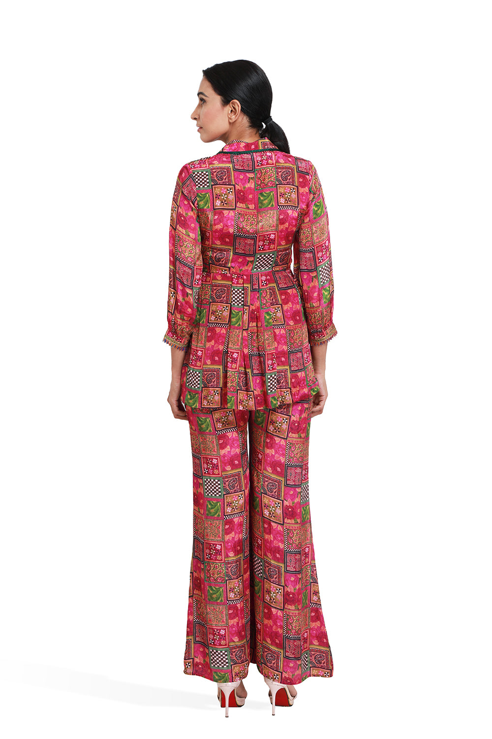 Majenta Square Print Co-ord Set With Belt - Set of 2