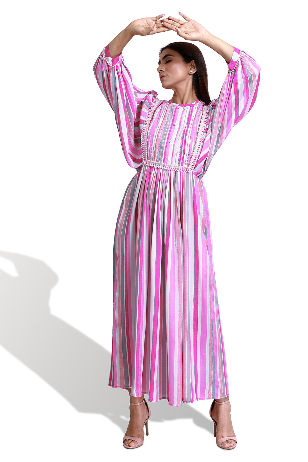 Pink Stripe Balloon Sleeve Dress