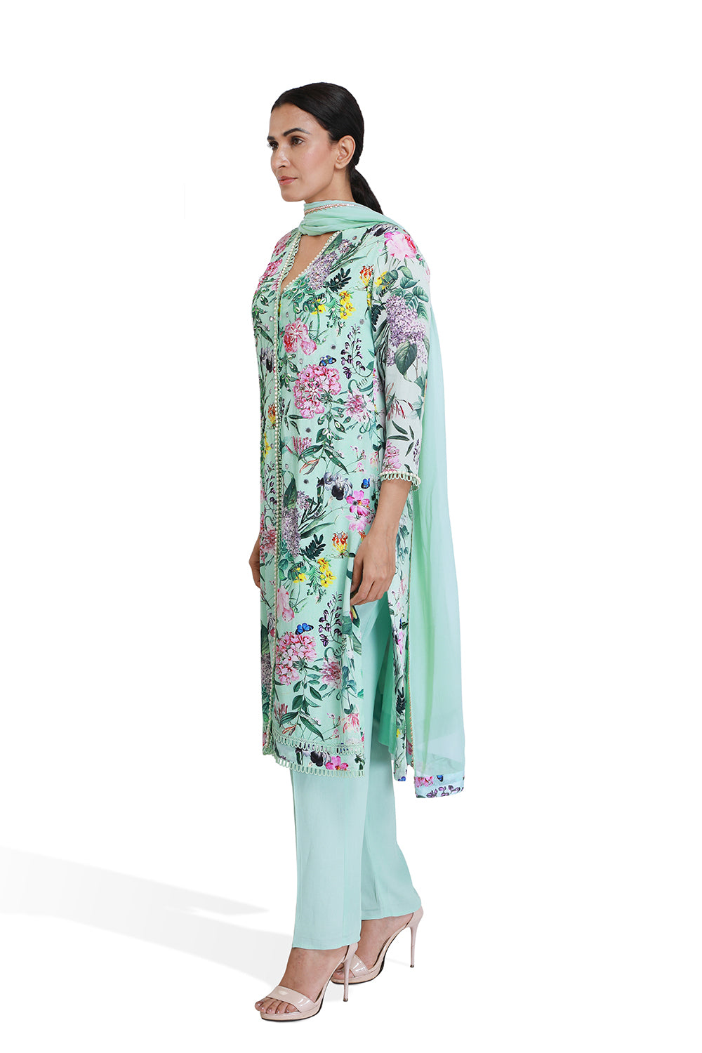 Turqoise Floral Print Long Kurta Set - Set of 2