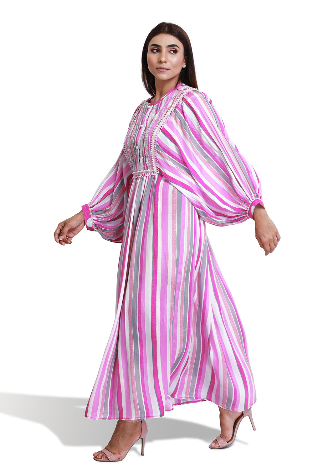 Pink Stripe Balloon Sleeve Dress