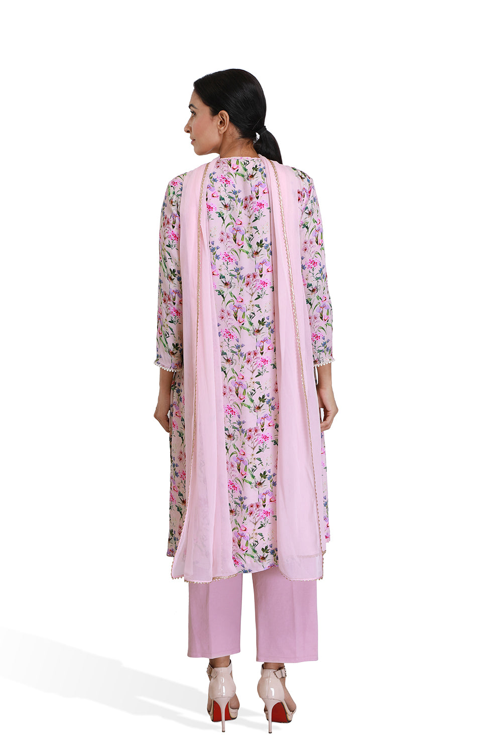 Pink Floral Print Long Kurta Set - Set of 2