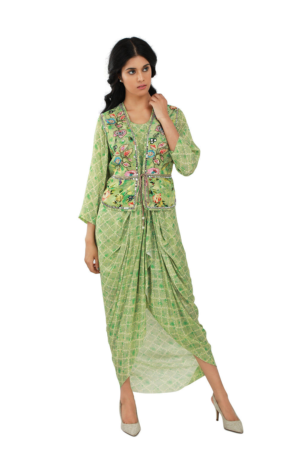 Green Bandhini Print Drape Dress - Set of 2