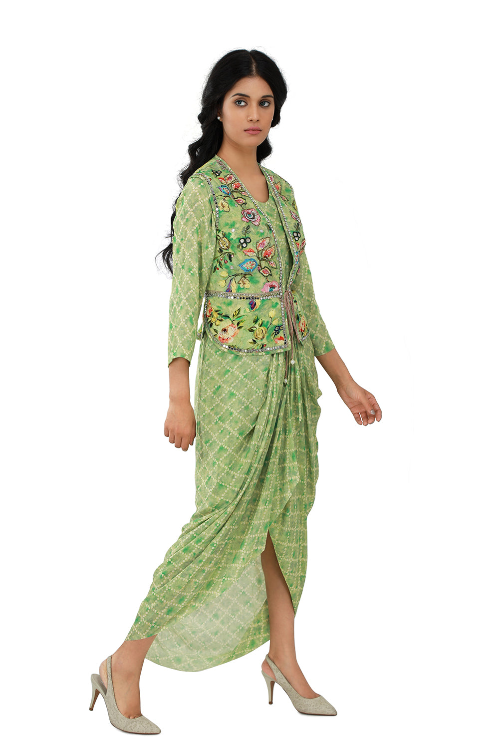 Green Bandhini Print Drape Dress - Set of 2