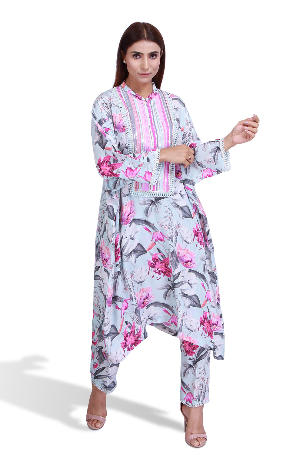 Turqoise Floral Print Kaftan Kurta Set - Set of 2