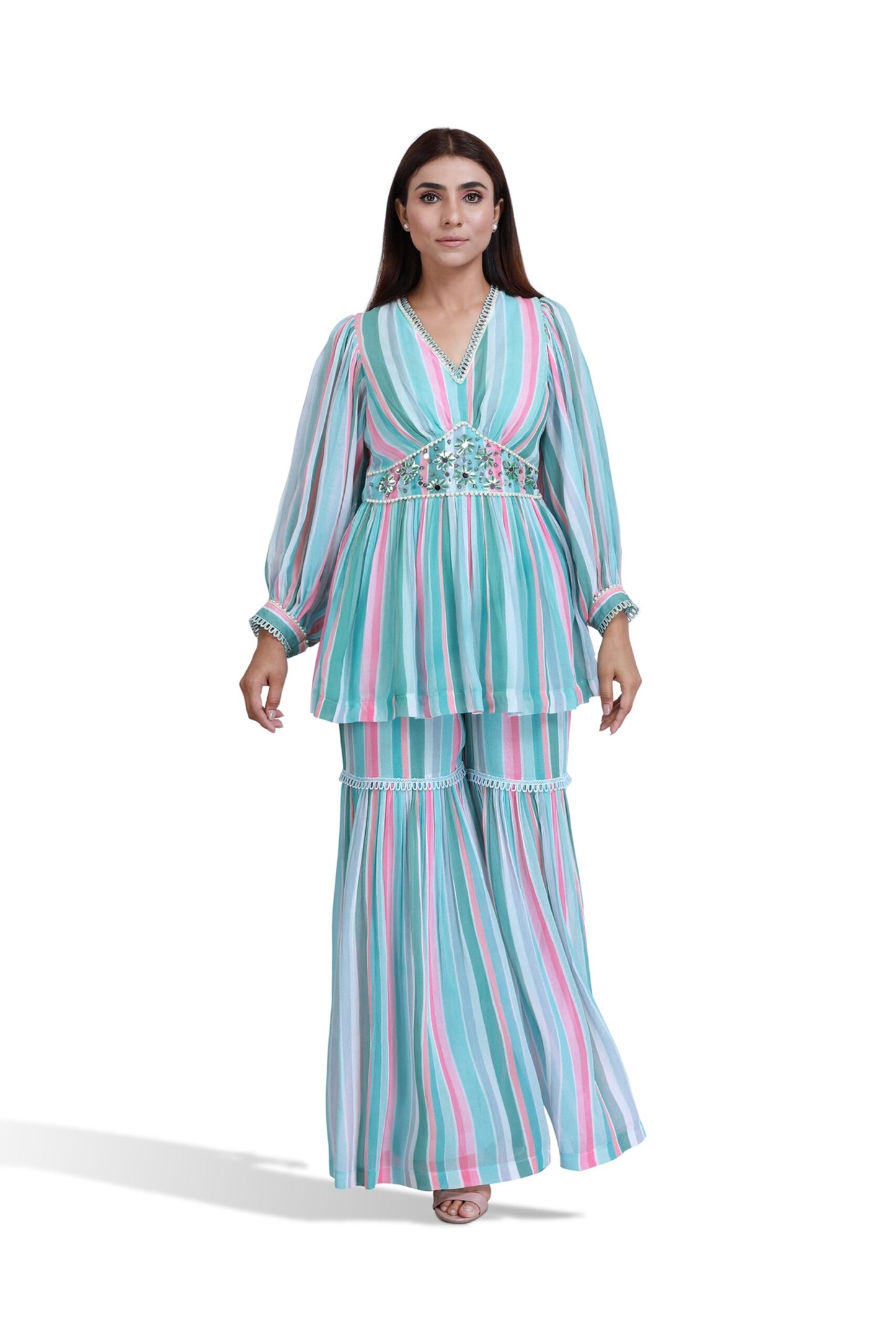 Turqoise stripe sharara set- SET OF 2