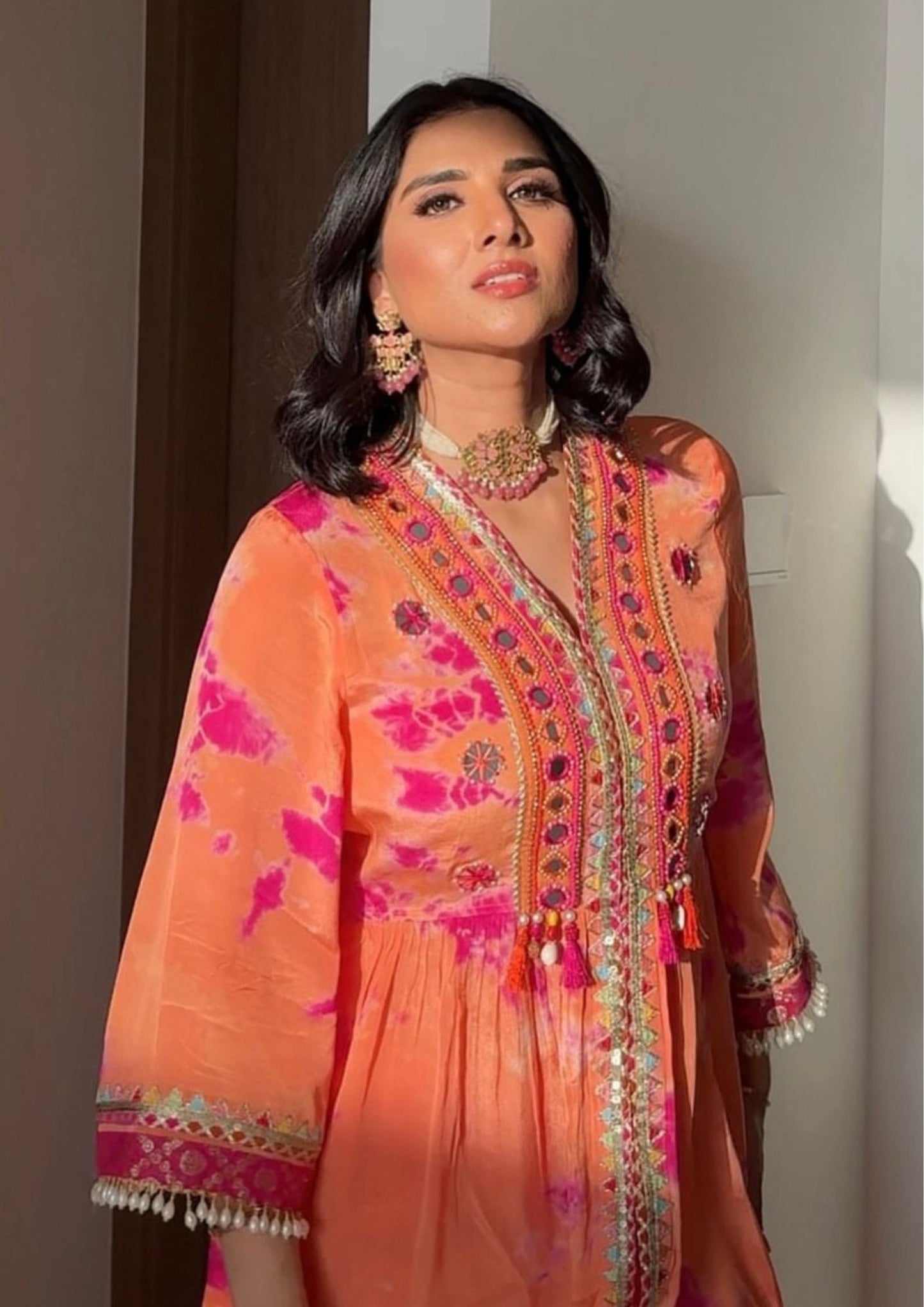 ORANGE & PINK TIE & DYE PEPLUM KURTA WITH COORDINATED SHARARA.