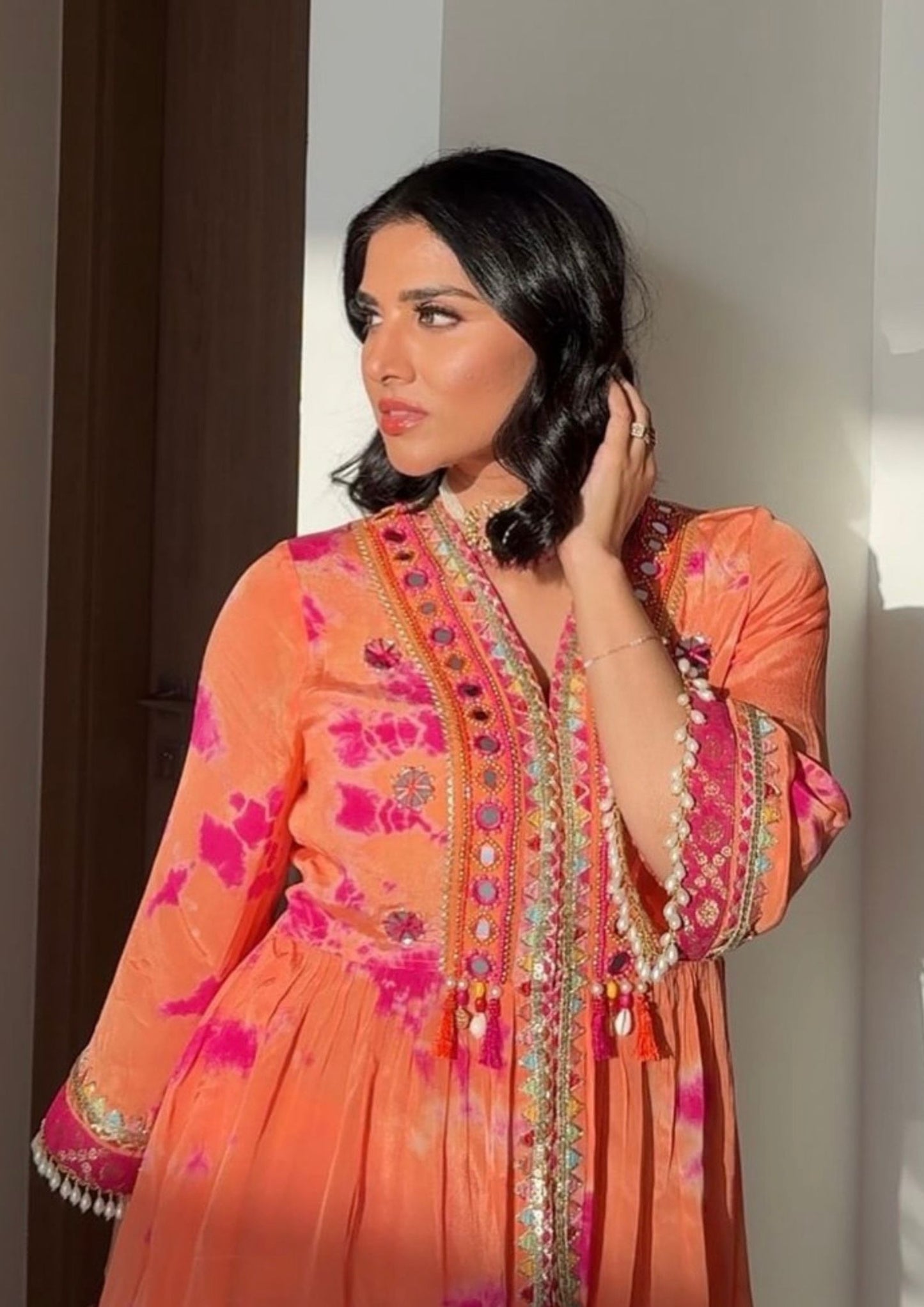 ORANGE & PINK TIE & DYE PEPLUM KURTA WITH COORDINATED SHARARA.