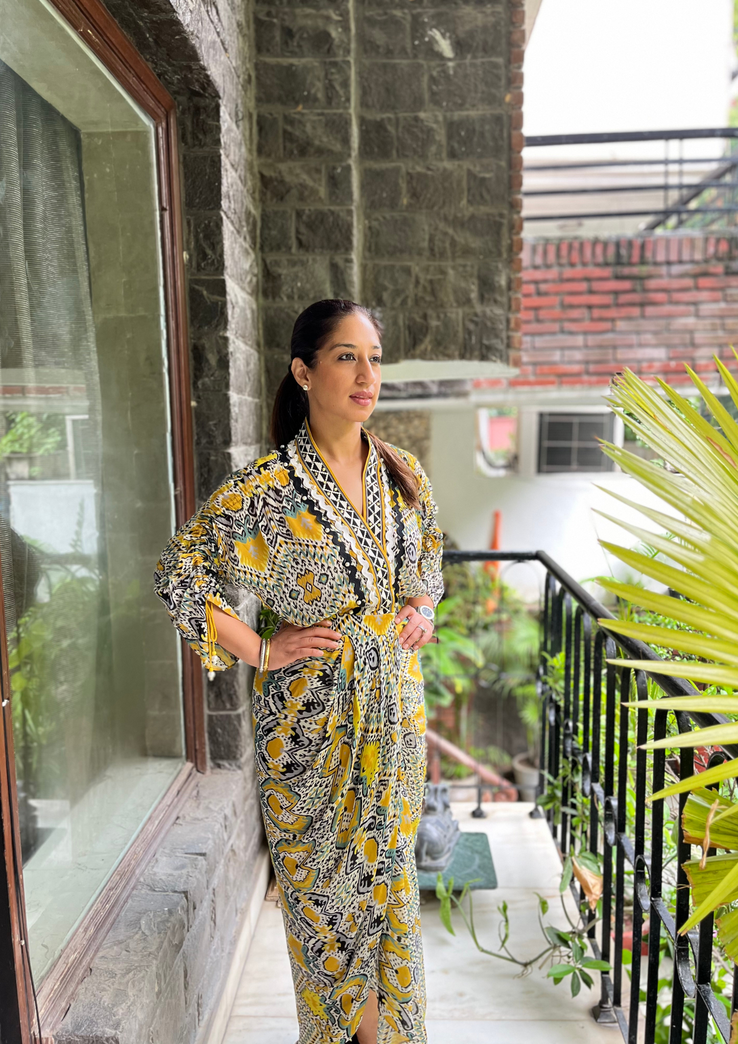 YELLOW AND BLACK MARRAKECH PRINT DRAPE DRESS