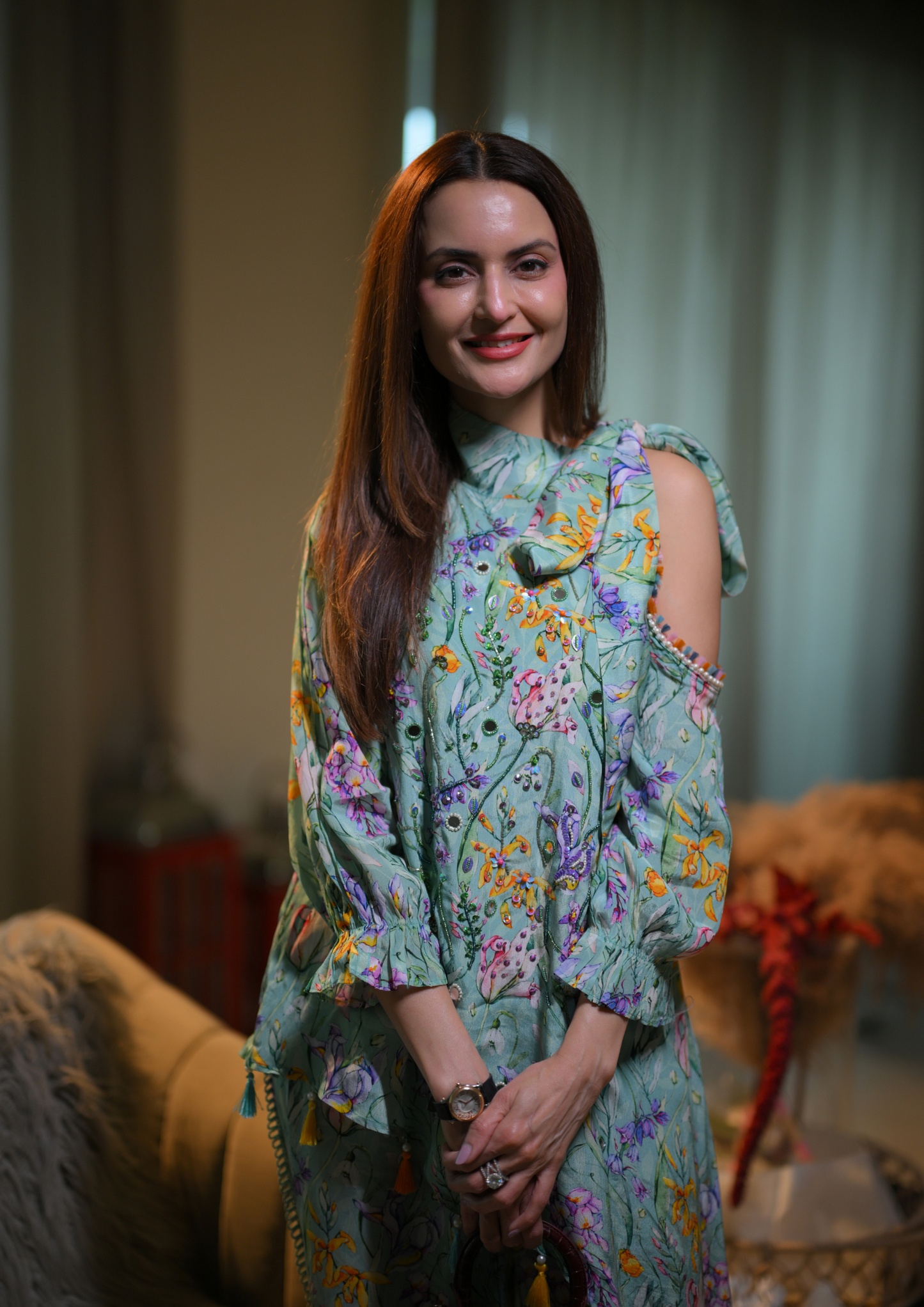 TURQUOISE FLORAL PRINT IN TIE UP OFF SHOULDER