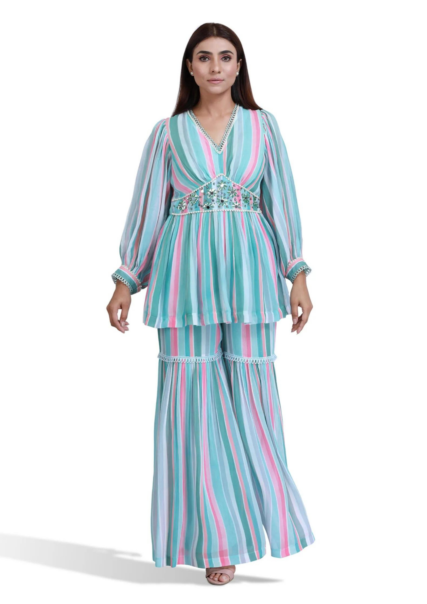 Turqoise stripe sharara set- SET OF 2